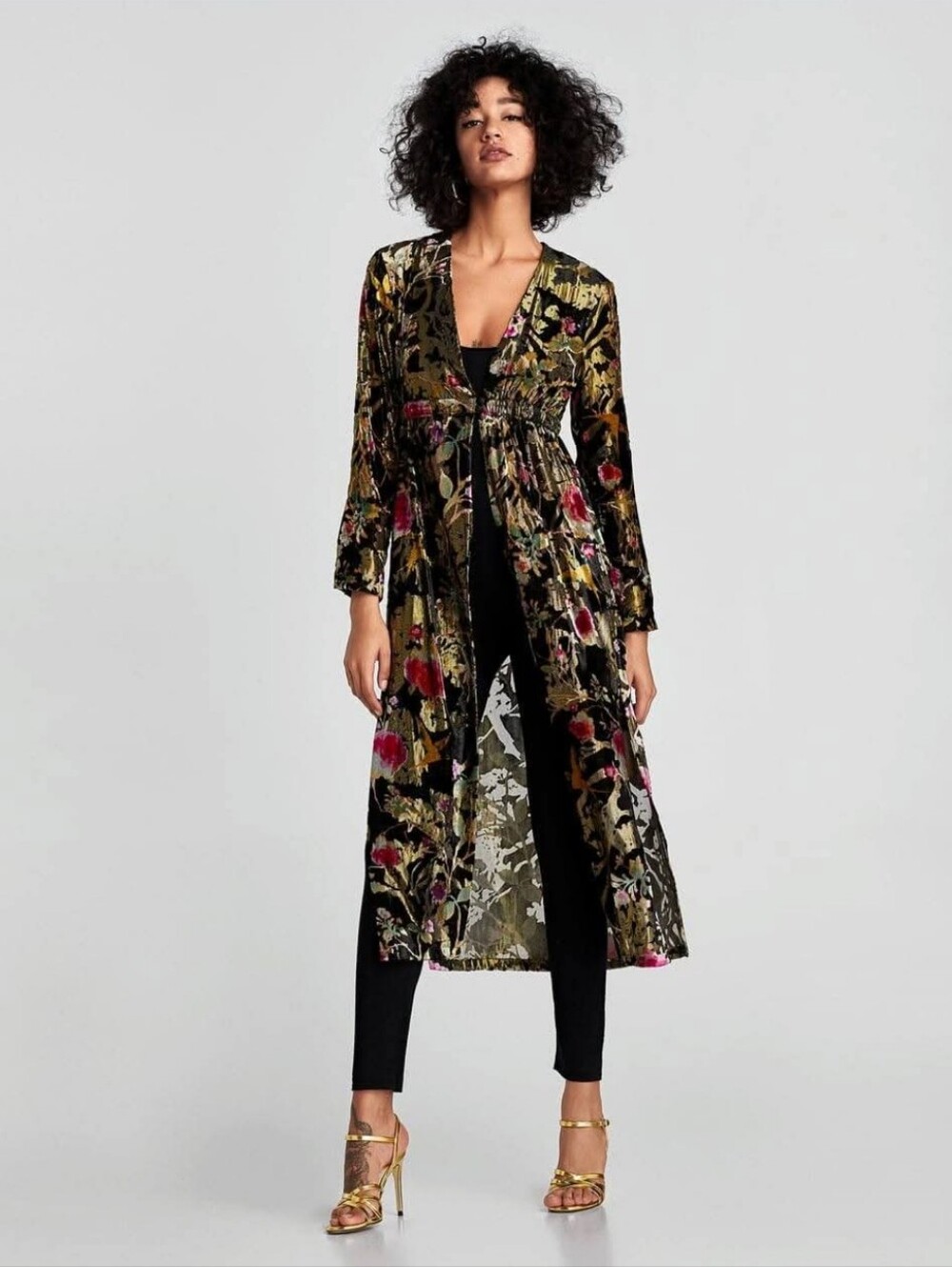 Zara Floral Black Gold Devore Velvet Oriental Kimono Jacket - Size Small